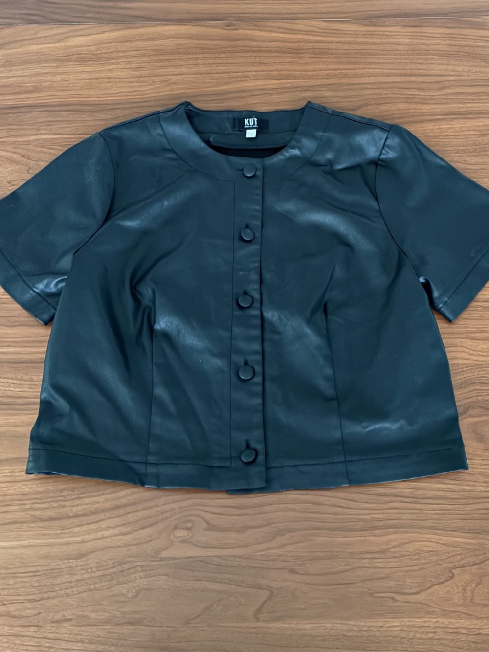 KUT from the Kloth Black Faux Leather Button Up Crop Top Size Large